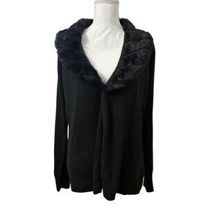Laura Scott Black Open Front Cardigan Sweater Faux Fur Collar Womens Size L